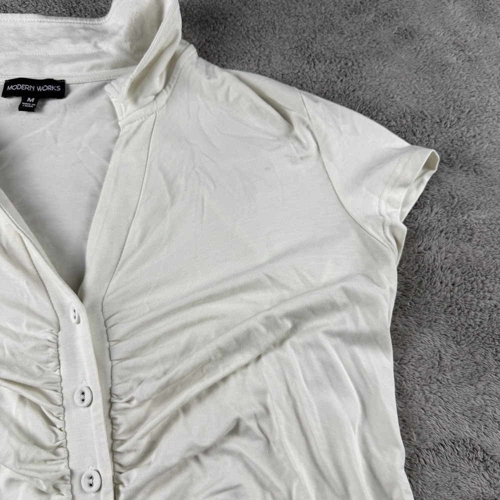 MODERN WORKS Ruched Fitted Short Sleeve Button Up Shirt Womens Medium White - Picture 5 of 13